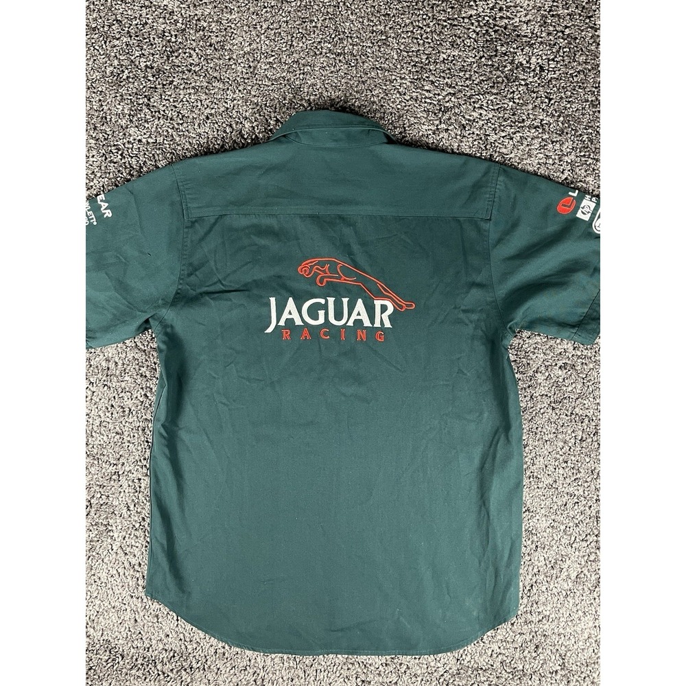 Y2K JAGUAR RACING Short Sleeve Green button-up Shirt Embroidered Logo Sz 2XL